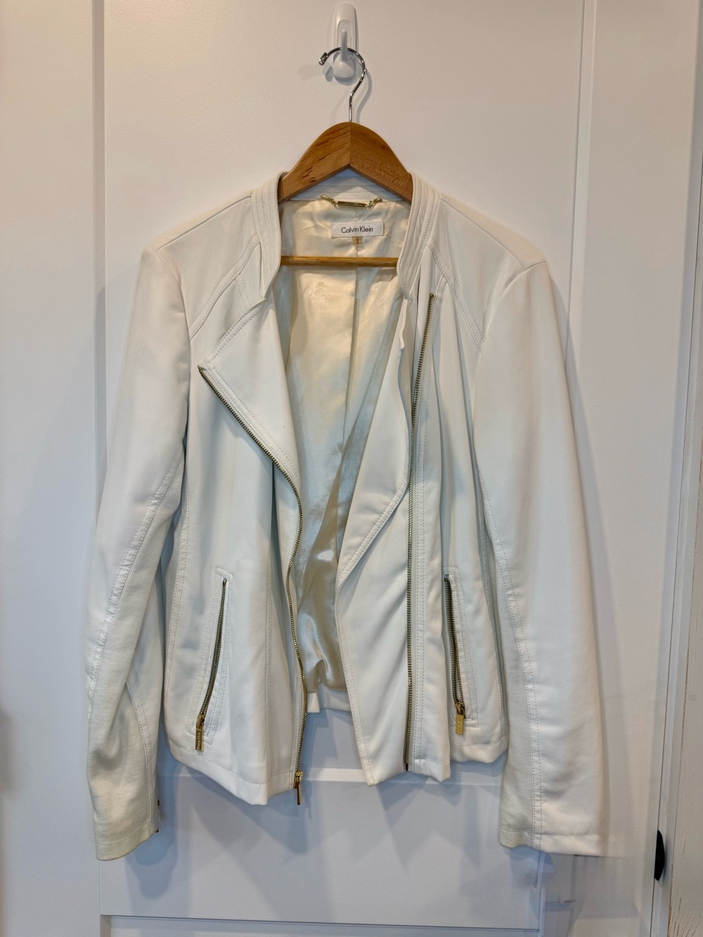 Calvin Klein Cream Women's Leather Moto Jacket